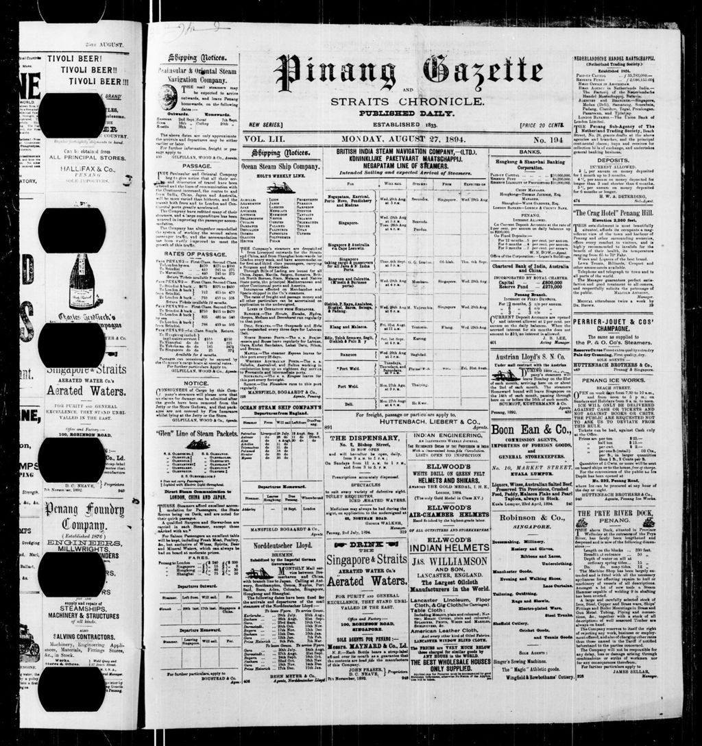 Miniature of Pinang Gazette and Straits Chronicle 27 August 1894