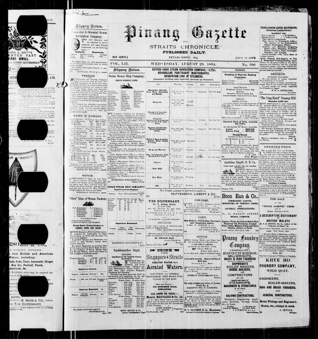 Miniature of Pinang Gazette and Straits Chronicle 29 August 1894