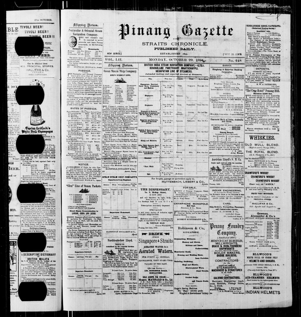 Miniature of Pinang Gazette and Straits Chronicle 29 October 1894