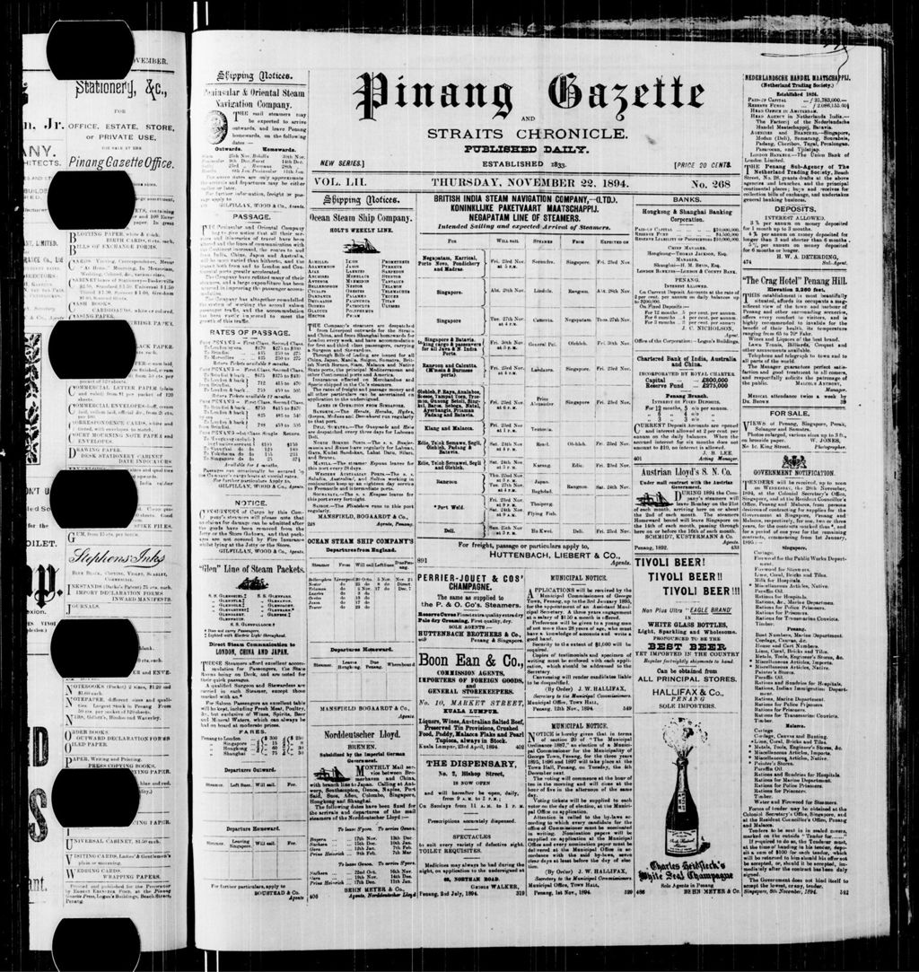 Miniature of Pinang Gazette and Straits Chronicle 22 November 1894