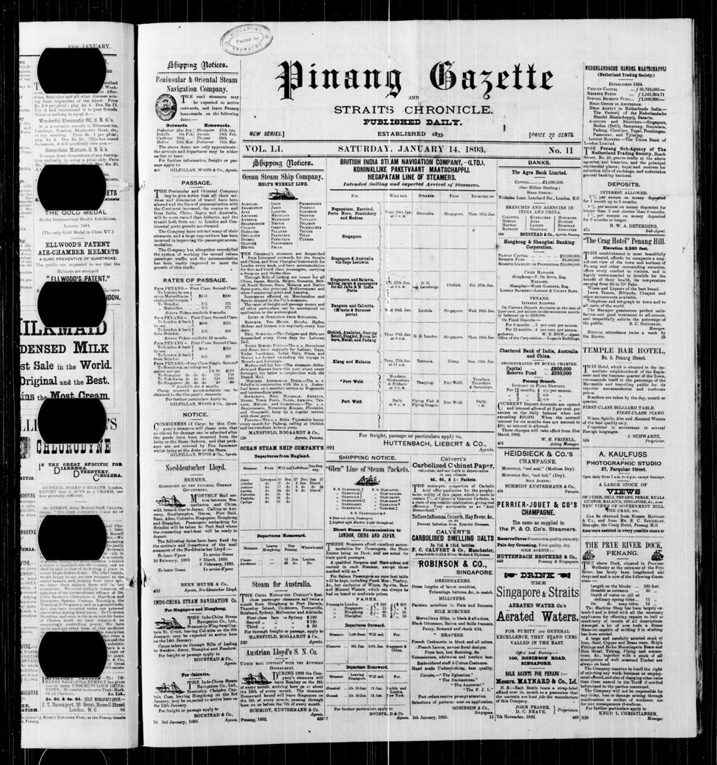 Miniature of Pinang Gazette and Straits Chronicle 14 January 1893