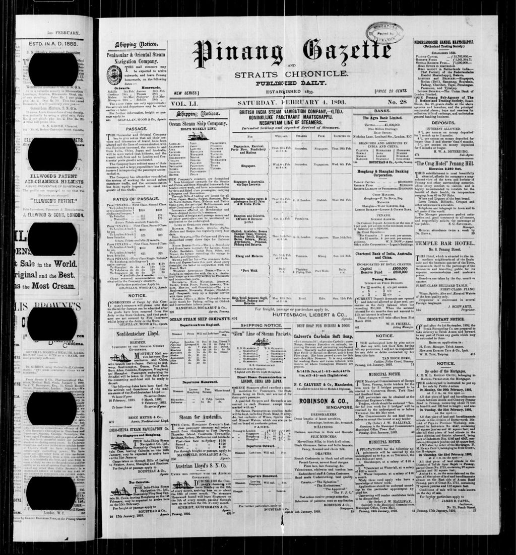 Miniature of Pinang Gazette and Straits Chronicle 04 February 1893