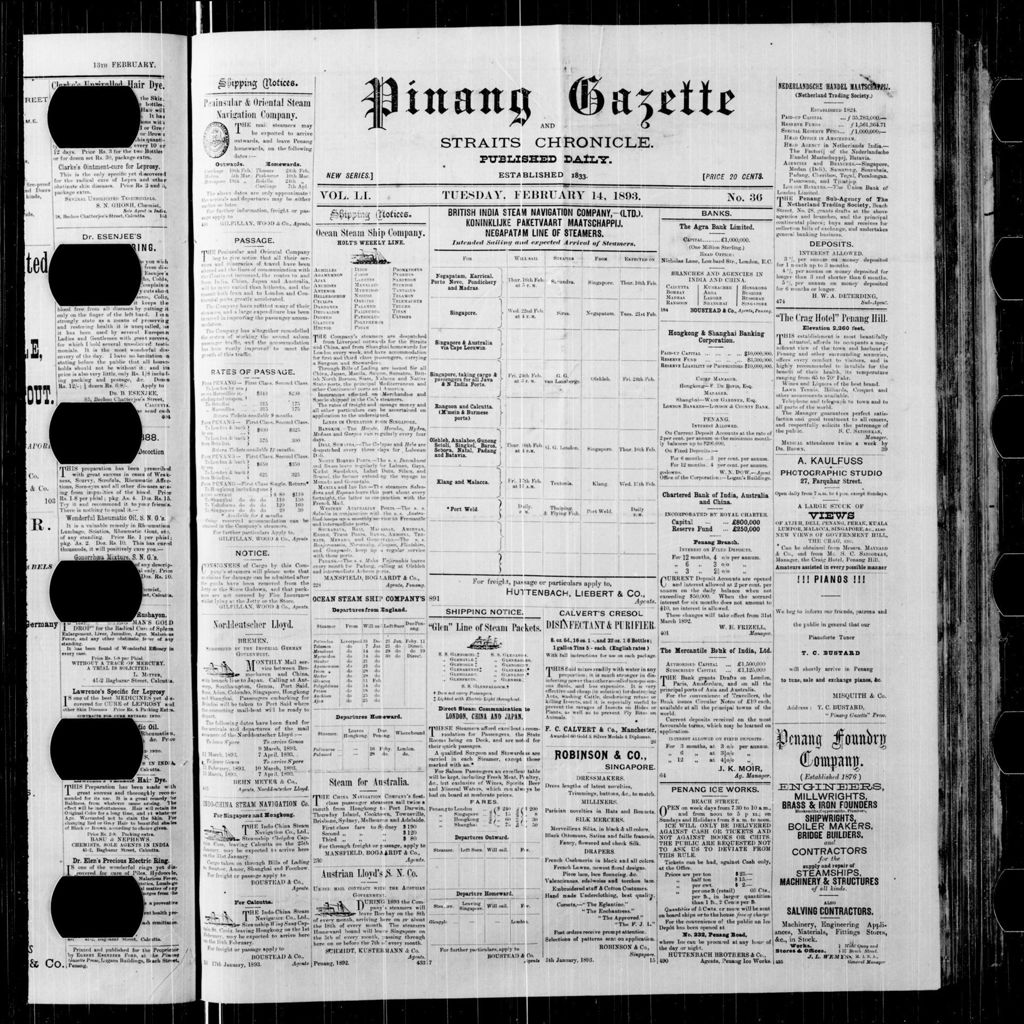 Miniature of Pinang Gazette and Straits Chronicle 14 February 1893