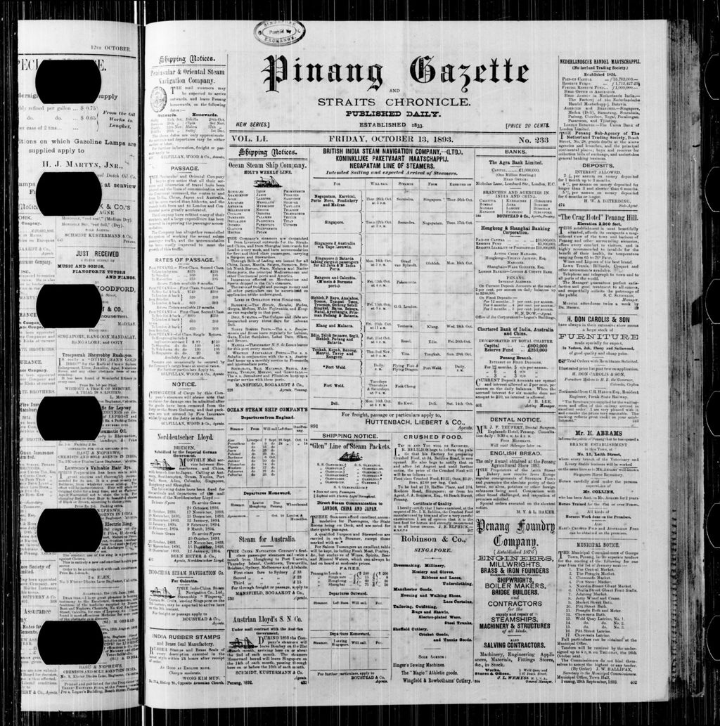 Miniature of Pinang Gazette and Straits Chronicle 13 October 1893