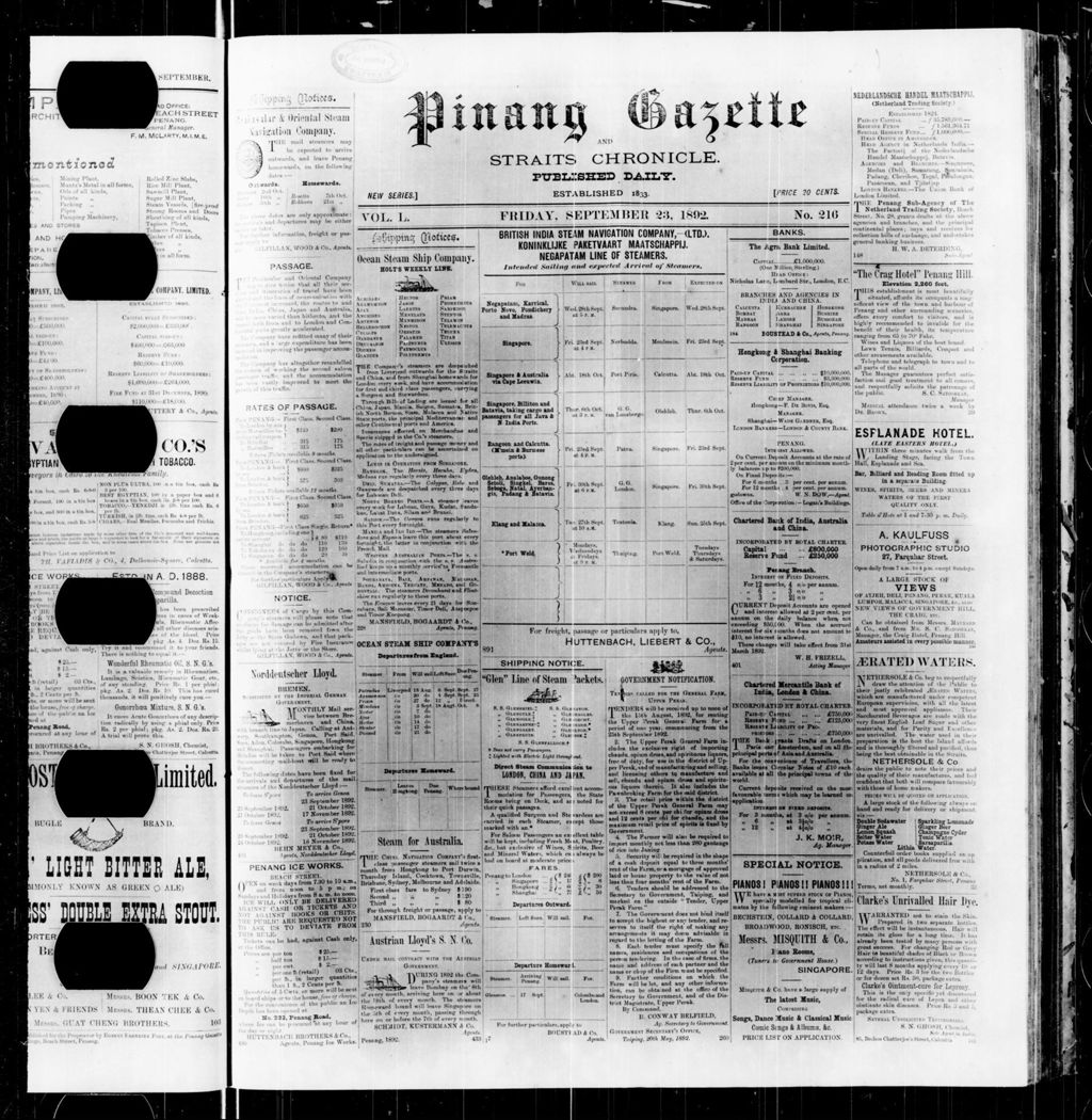 Miniature of Pinang Gazette and Straits Chronicle 23 September 1892