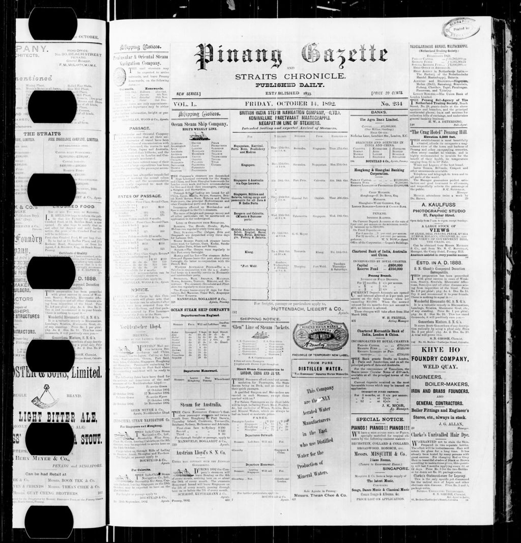 Miniature of Pinang Gazette and Straits Chronicle 14 October 1892