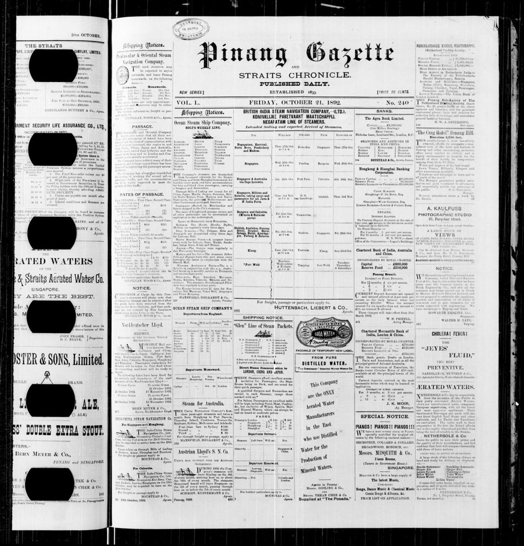 Miniature of Pinang Gazette and Straits Chronicle 21 October 1892