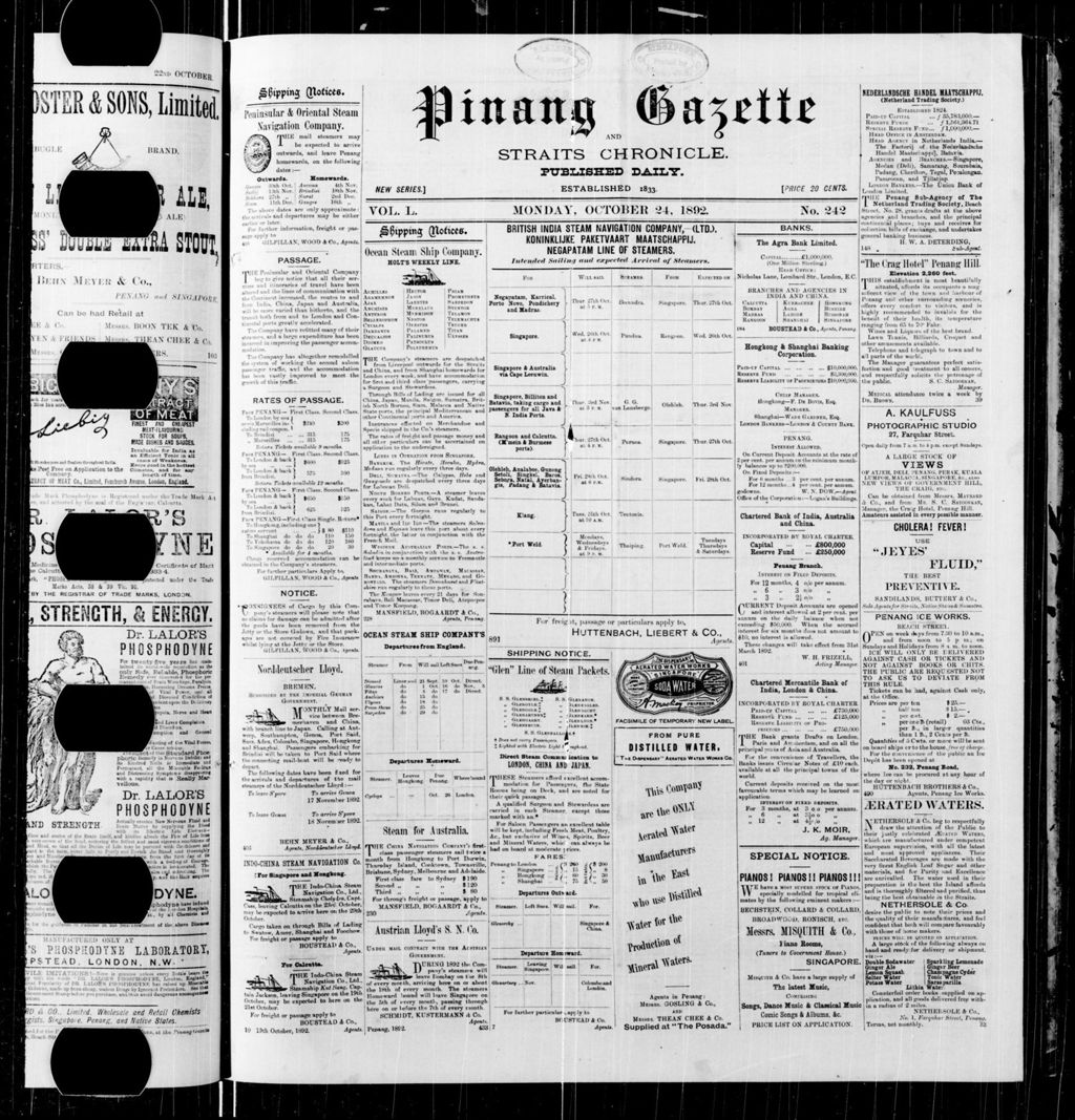 Miniature of Pinang Gazette and Straits Chronicle 24 October 1892