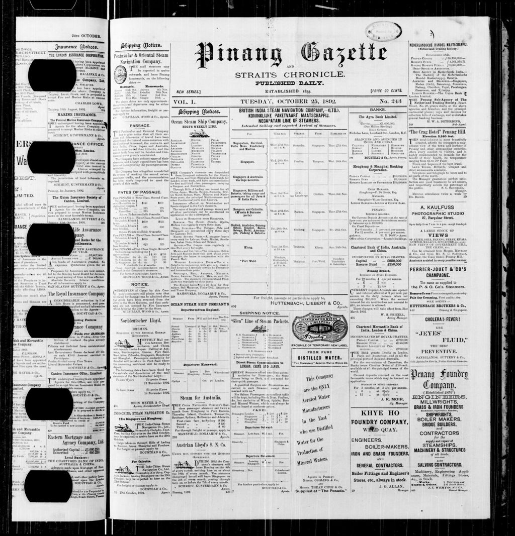 Miniature of Pinang Gazette and Straits Chronicle 25 October 1892