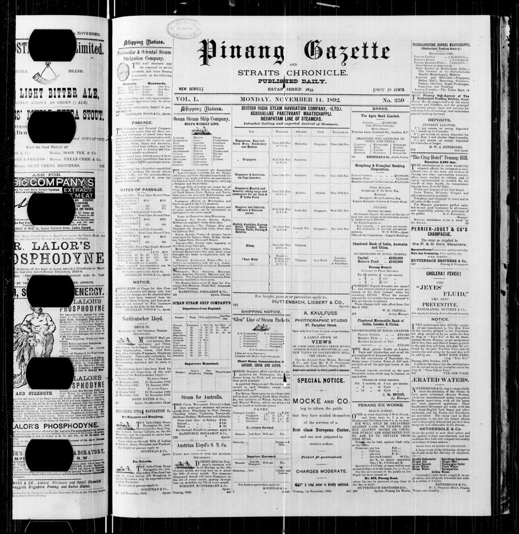 Miniature of Pinang Gazette and Straits Chronicle 14 November 1892