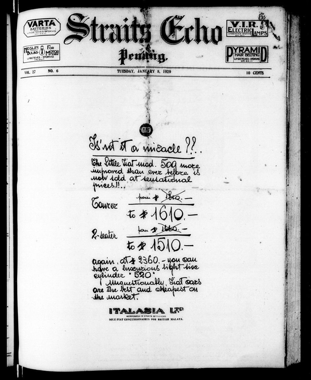 Miniature of Straits Echo 08 January 1929