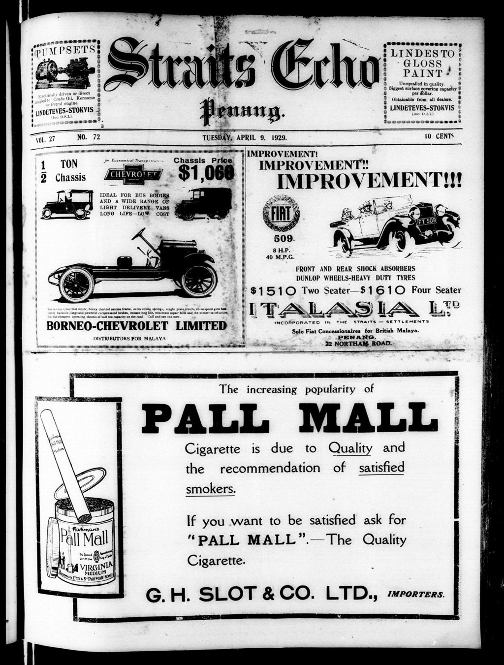 Miniature of Straits Echo 09 April 1929