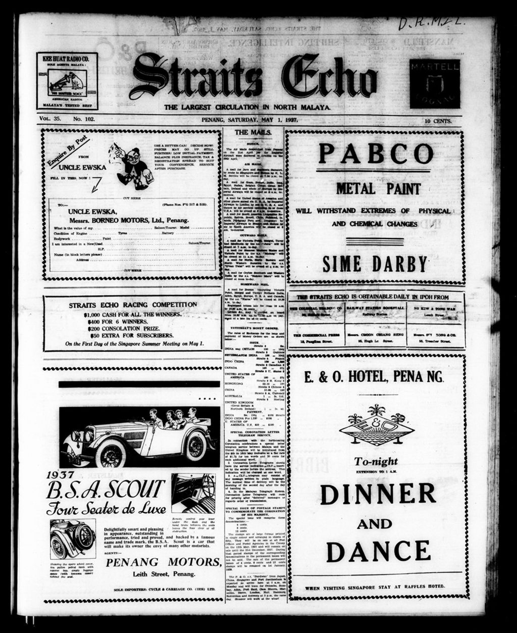 Miniature of Straits Echo 01 May 1937